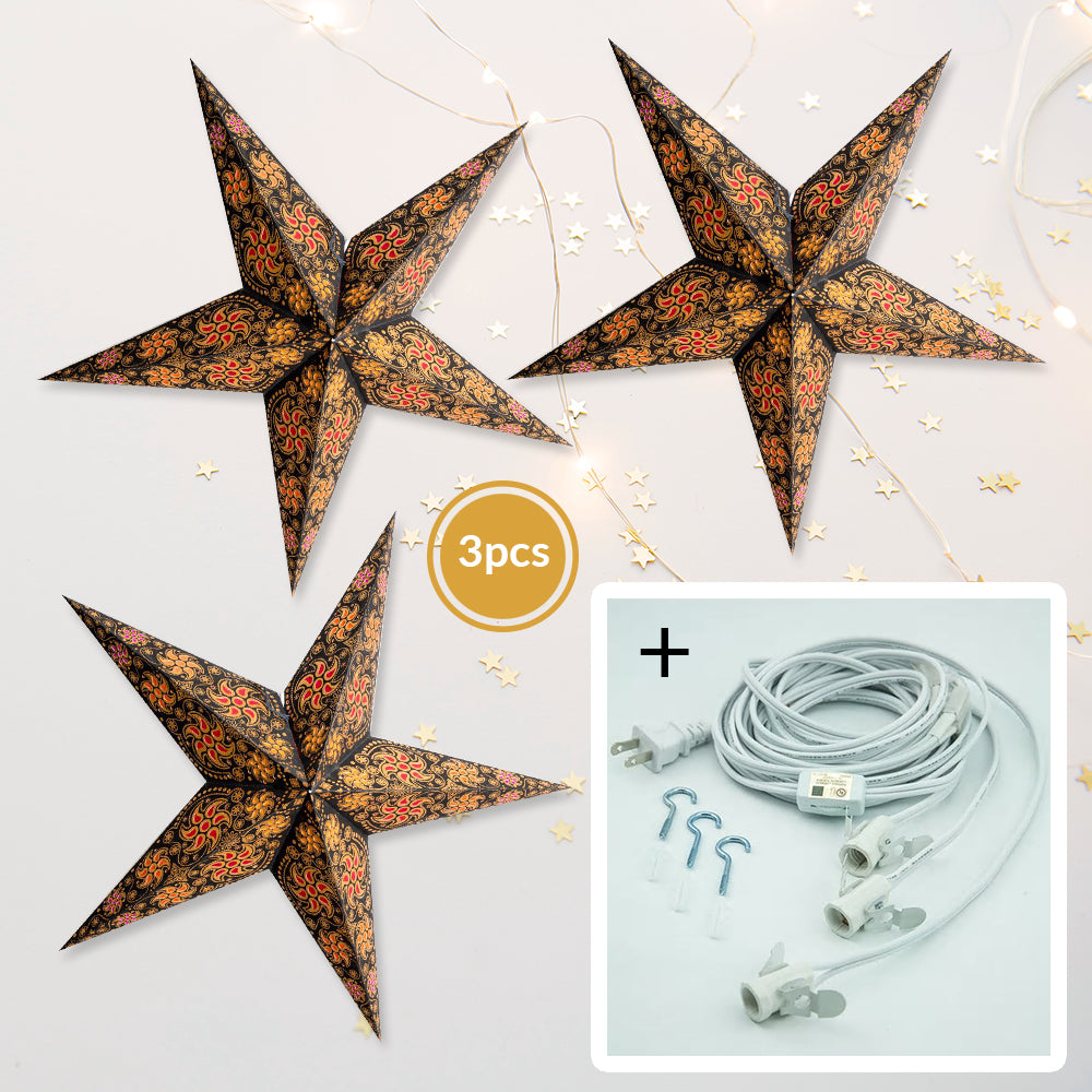 3-PACK + Cord | Black Winds Glitter 24" Illuminated Paper Star Lanterns and Lamp Cord Hanging Decorations - PaperLanternStore.com - Paper Lanterns, Decor, Party Lights & More