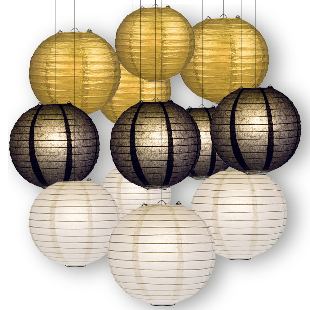 Black, White and Gold Celebration Party Pack Parallel Ribbed Paper Lantern Combo Set (12 pc Set) - PaperLanternStore.com - Paper Lanterns, Decor, Party Lights &amp; More