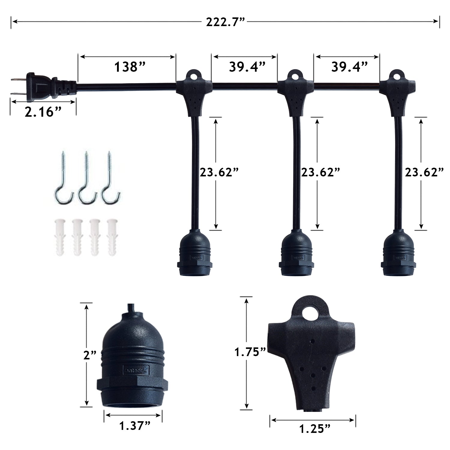 Triple Socket Black Weatherproof Outdoor Pendant Light Lamp Cord for Lanterns, E26, 19 FT