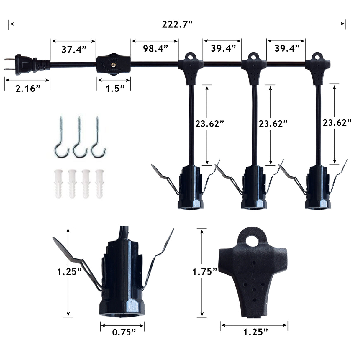 Triple Socket Black Pendant Light Lamp Cord for Star Lanterns, Switch, E12, 19 Ft - Electrical Swag Light Kit