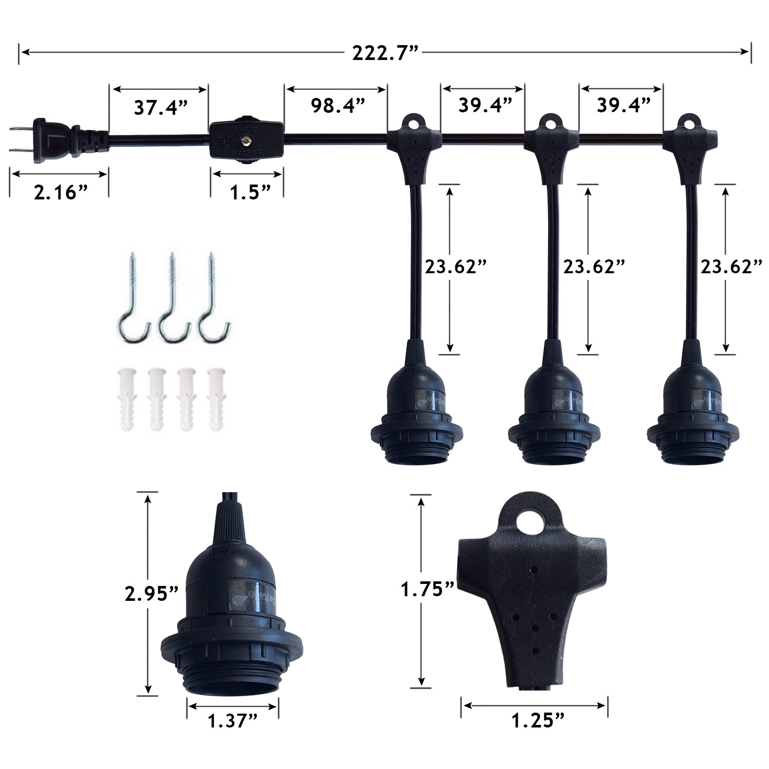 Triple Socket Pendant Light Cord Kit for Lanterns (19FT, Black ...