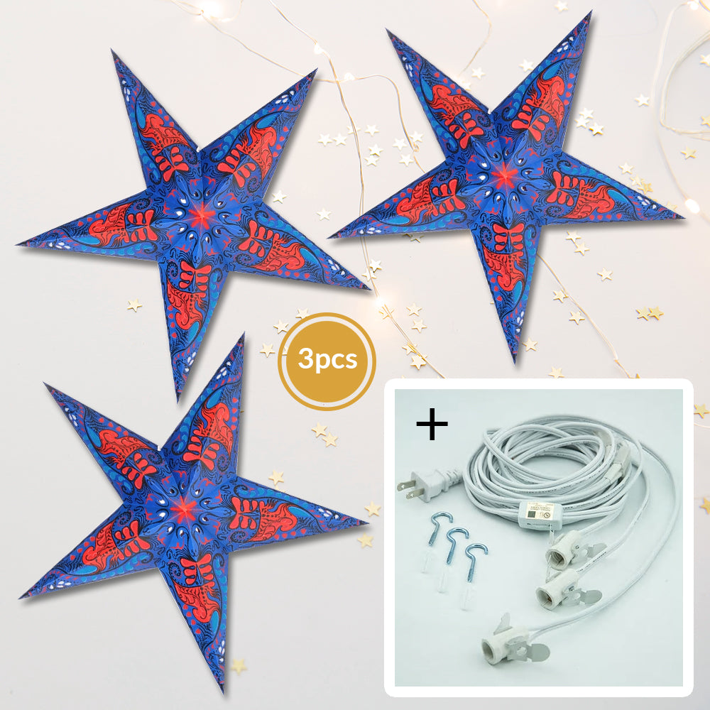 3-PACK + Cord | Blue Oriental Swan 24&quot; Illuminated Paper Star Lanterns and Lamp Cord Hanging Decorations - PaperLanternStore.com - Paper Lanterns, Decor, Party Lights &amp; More