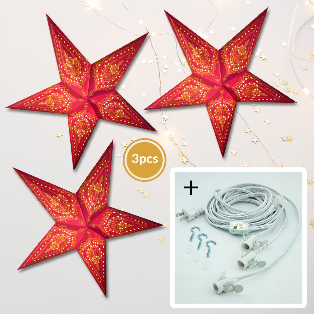 3-PACK + Cord | Red Mehandi 24&quot; Illuminated Paper Star Lanterns and Lamp Cord Hanging Decorations - PaperLanternStore.com - Paper Lanterns, Decor, Party Lights &amp; More