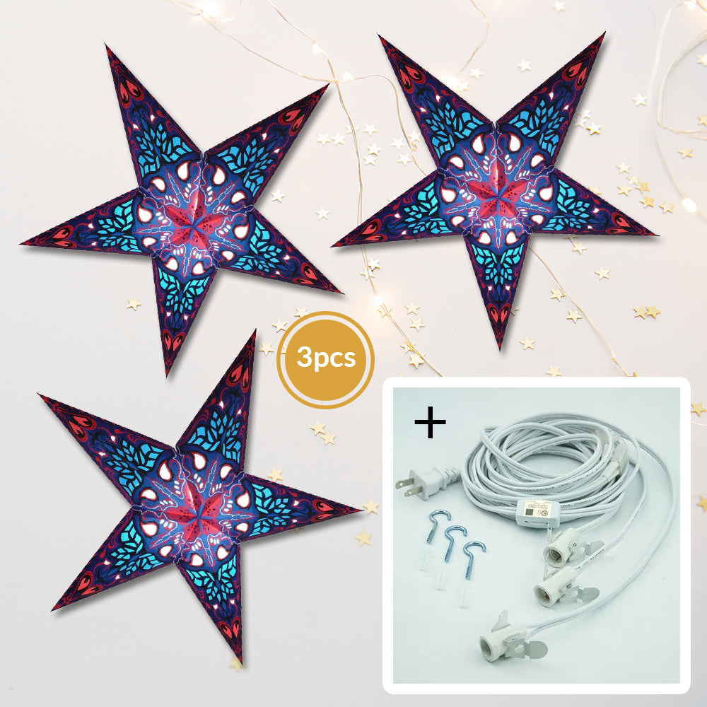 3-PACK + Cord | Blue Crown 24&quot; Illuminated Paper Star Lanterns and Lamp Cord Hanging Decorations - PaperLanternStore.com - Paper Lanterns, Decor, Party Lights &amp; More