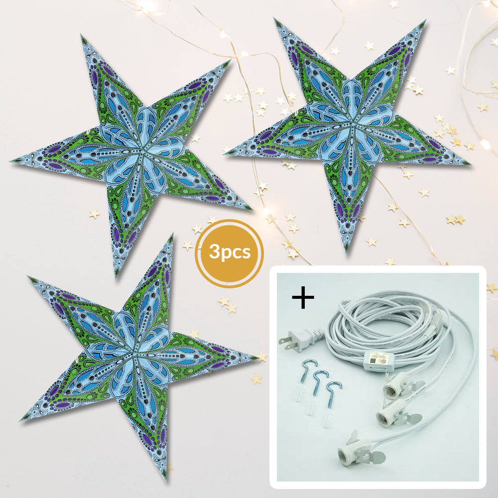 3-PACK + Cord | Blue Dahlia 24&quot; Illuminated Paper Star Lanterns and Lamp Cord Hanging Decorations - PaperLanternStore.com - Paper Lanterns, Decor, Party Lights &amp; More