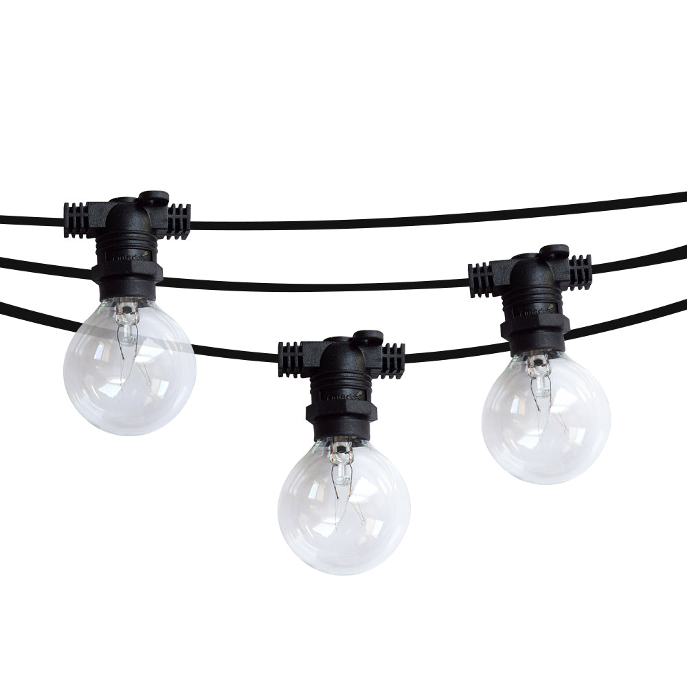 25 Socket Outdoor Commercial String Light Set, Globe Bulbs, 29 FT Black Cord w/ E12 C7 Base, Weatherproof