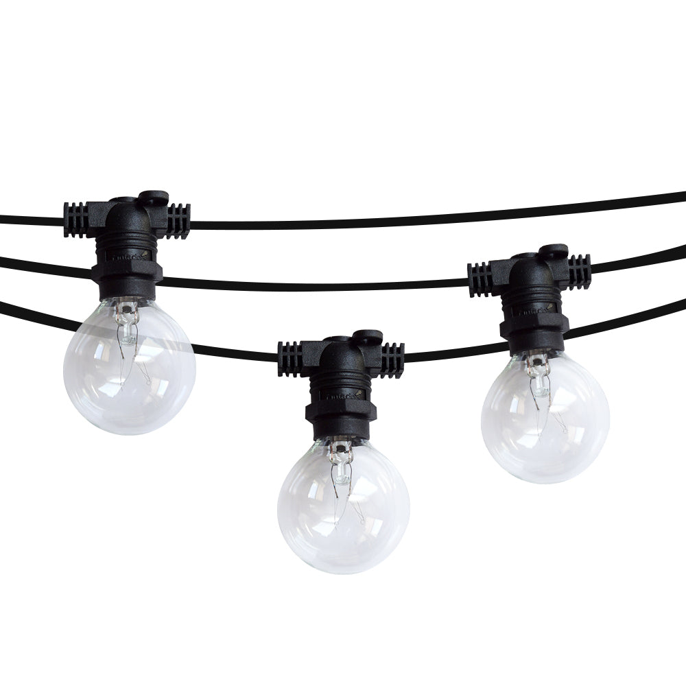 50 Socket Outdoor Commercial String Light Set, Clear Globe Bulbs, 54 FT Black Cord w/ E12 C7 Base, Weatherproof