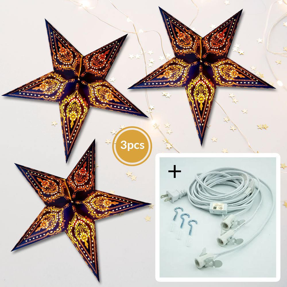 3-PACK + Cord | Blue Mehandi 24&quot; Illuminated Paper Star Lanterns and Lamp Cord Hanging Decorations - PaperLanternStore.com - Paper Lanterns, Decor, Party Lights &amp; More