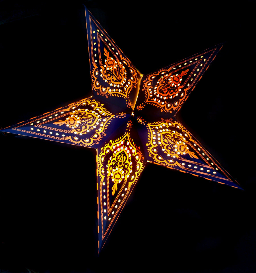 24" Blue on Yellow Mehandi Paper Star Lantern, Chinese Hanging Wedding & Party Decoration - PaperLanternStore.com - Paper Lanterns, Decor, Party Lights & More