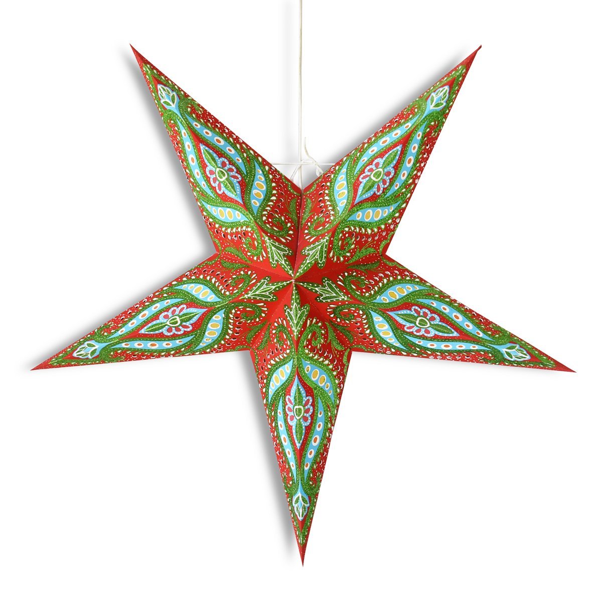 3-PACK + Cord | 24&quot; Red / Green Bloom Glitter Paper Star Lantern and Lamp Cord Hanging Decoration - PaperLanternStore.com - Paper Lanterns, Decor, Party Lights &amp; More