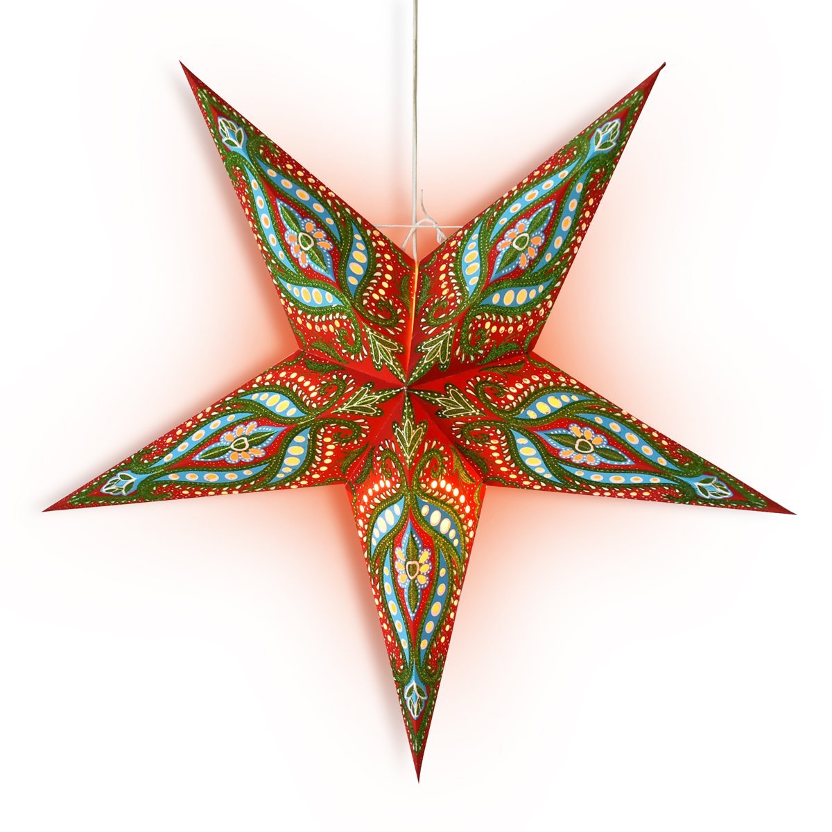 3-PACK + Cord | 24&quot; Red / Green Bloom Glitter Paper Star Lantern and Lamp Cord Hanging Decoration - PaperLanternStore.com - Paper Lanterns, Decor, Party Lights &amp; More