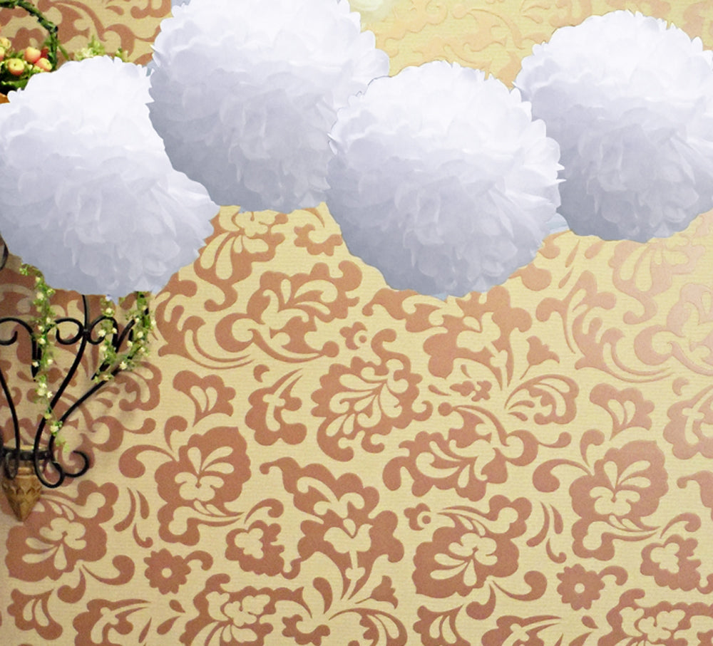 EZ-Fluff 8&quot; White Tissue Paper Pom Pom Flowers, Hanging Decorations (4 PACK) - PaperLanternStore.com - Paper Lanterns, Decor, Party Lights &amp; More