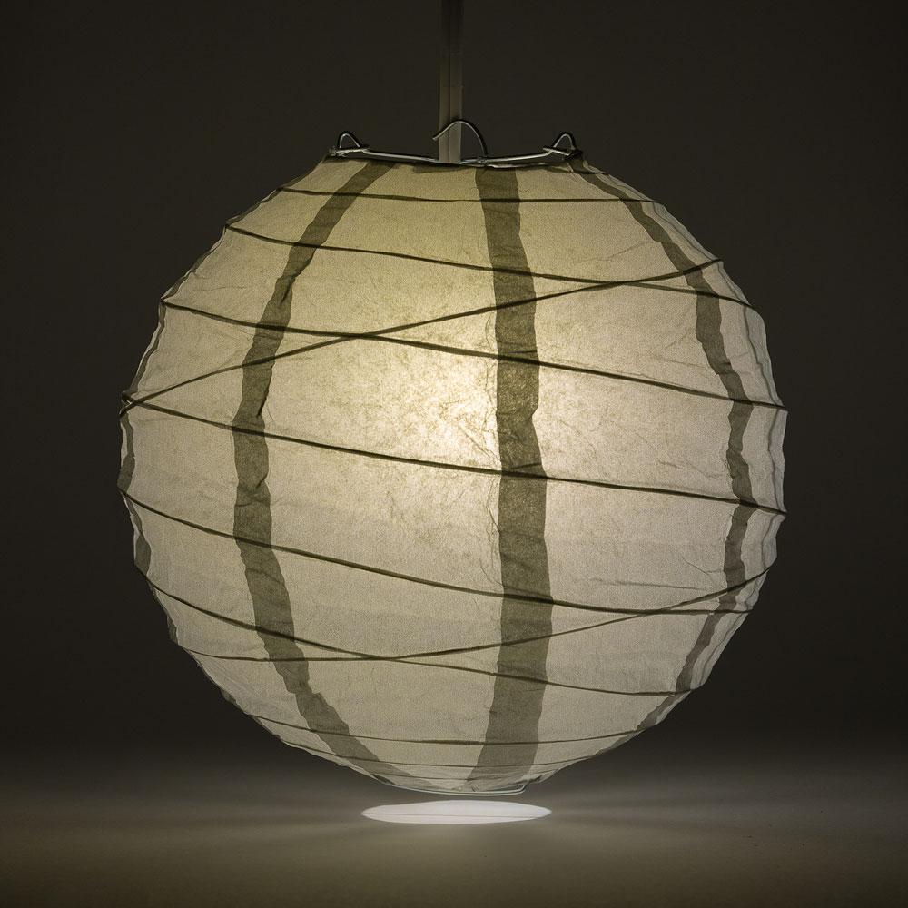 Lit Silver Round Paper Lantern, Crisscross Ribbing, Chinese Hanging Wedding &amp; Party Decoration