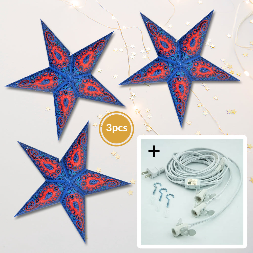 3-PACK + Cord | Blue Paisley 24&quot; Illuminated Paper Star Lanterns and Lamp Cord Hanging Decorations - PaperLanternStore.com - Paper Lanterns, Decor, Party Lights &amp; More