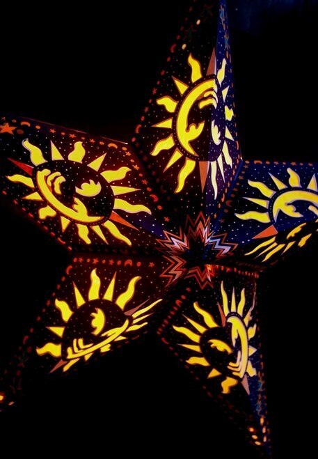 3-PACK + Cord | Blue Sun and Stars 24" Illuminated Paper Star Lanterns and Lamp Cord Hanging Decorations - PaperLanternStore.com - Paper Lanterns, Decor, Party Lights & More