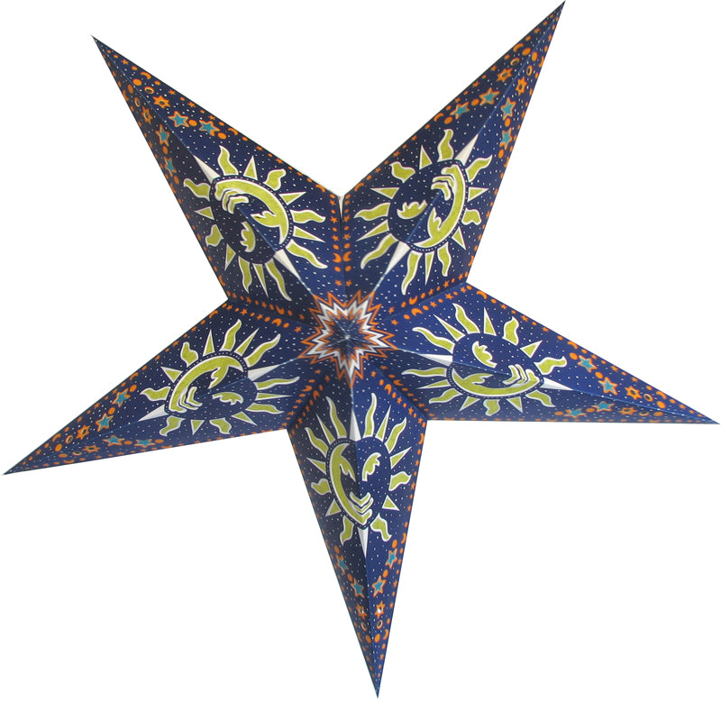 3-PACK + Cord | Blue Sun and Stars 24&quot; Illuminated Paper Star Lanterns and Lamp Cord Hanging Decorations - PaperLanternStore.com - Paper Lanterns, Decor, Party Lights &amp; More