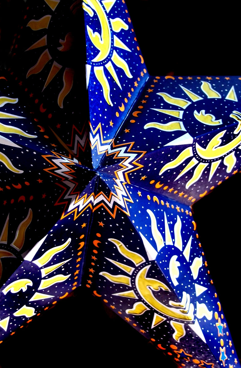 3-PACK + Cord | Blue Sun and Stars 24&quot; Illuminated Paper Star Lanterns and Lamp Cord Hanging Decorations - PaperLanternStore.com - Paper Lanterns, Decor, Party Lights &amp; More