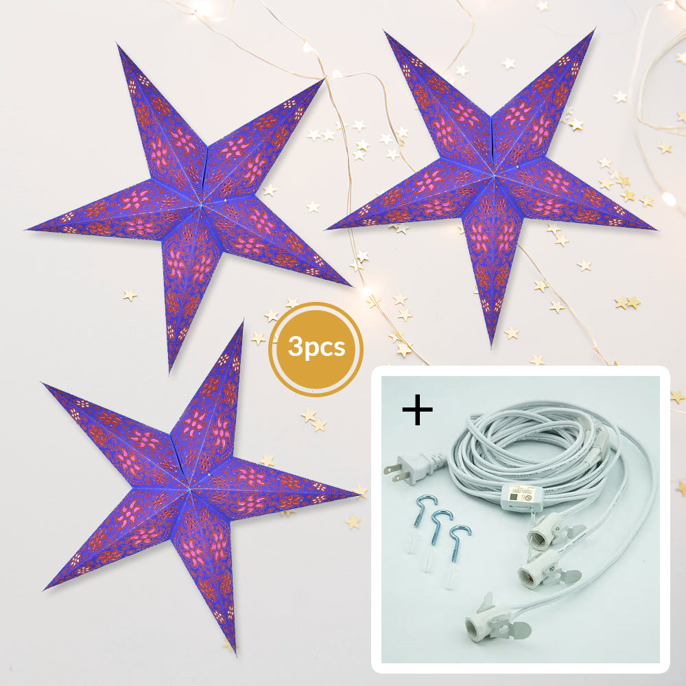 3-PACK + Cord | Blue / Copper Glitter Winds 24&quot; Illuminated Paper Star Lanterns and Lamp Cord Hanging Decorations - PaperLanternStore.com - Paper Lanterns, Decor, Party Lights &amp; More