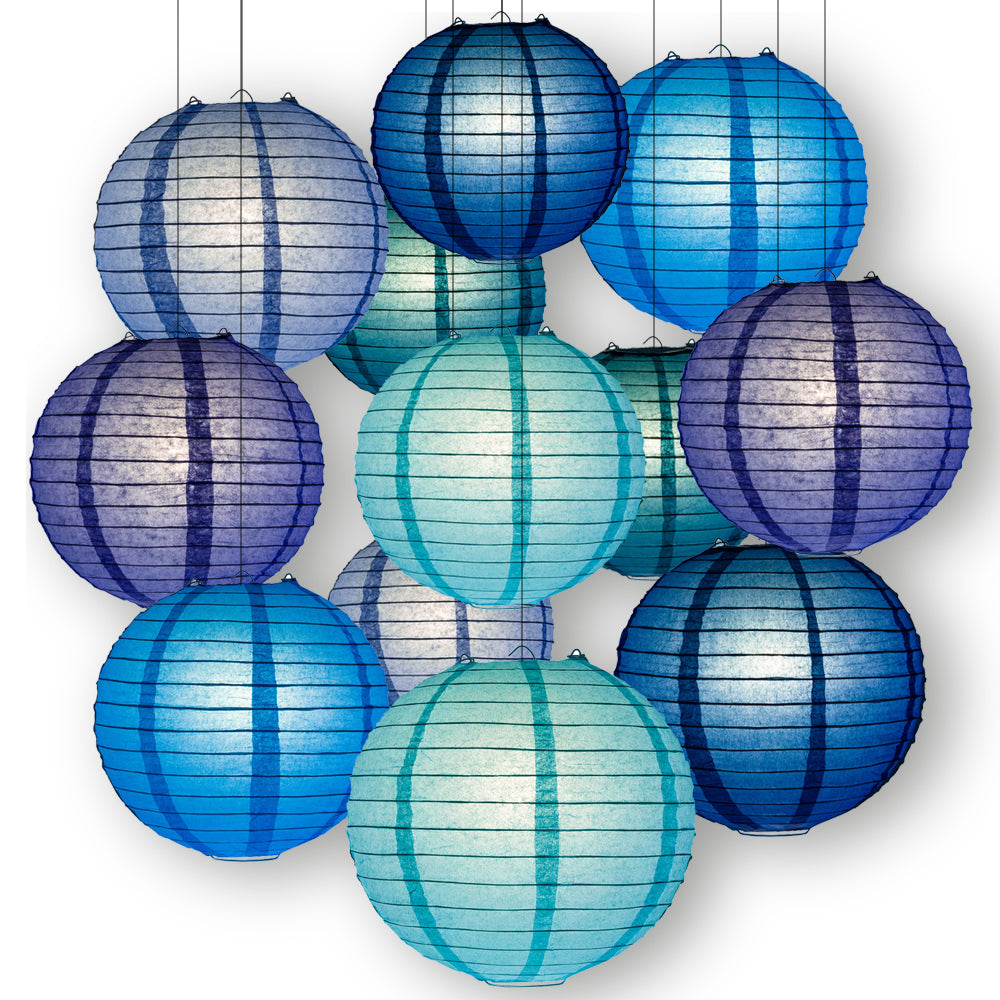 Blue Lagoon Color Party Pack Parallel Ribbed Paper Lantern Combo Set (12 pc Set) - PaperLanternStore.com - Paper Lanterns, Decor, Party Lights &amp; More