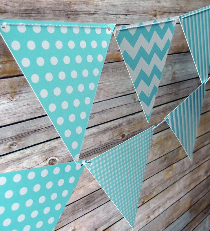 Powder Blue Mix Pattern Triangle Flag Pennant Banner (11FT) - PaperLanternStore.com - Paper Lanterns, Decor, Party Lights &amp; More