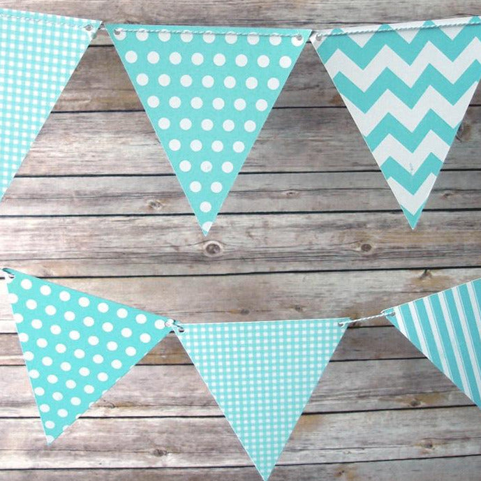 Powder Blue Mix Pattern Triangle Flag Pennant Banner (11FT) - PaperLanternStore.com - Paper Lanterns, Decor, Party Lights &amp; More