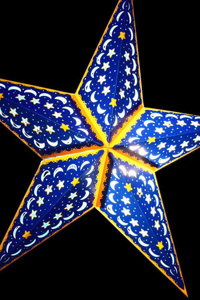 24" Blue Orange Star Moon Paper Star Lantern, Hanging - PaperLanternStore.com - Paper Lanterns, Decor, Party Lights & More