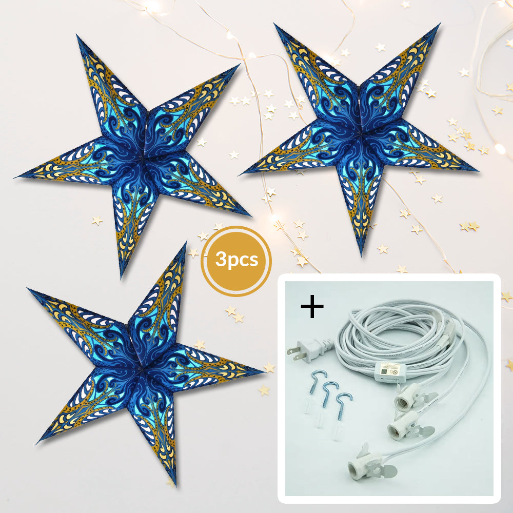 3-PACK + Cord | Blue Splash 24&quot; Illuminated Paper Star Lanterns and Lamp Cord Hanging Decorations - PaperLanternStore.com - Paper Lanterns, Decor, Party Lights &amp; More