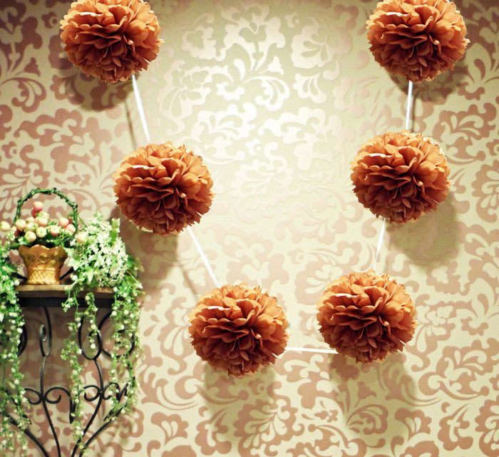 EZ-Fluff 6&quot; Brown Hanging Tissue Paper Flower Pom Pom, Party Garland Decoration - PaperLanternStore.com - Paper Lanterns, Decor, Party Lights &amp; More