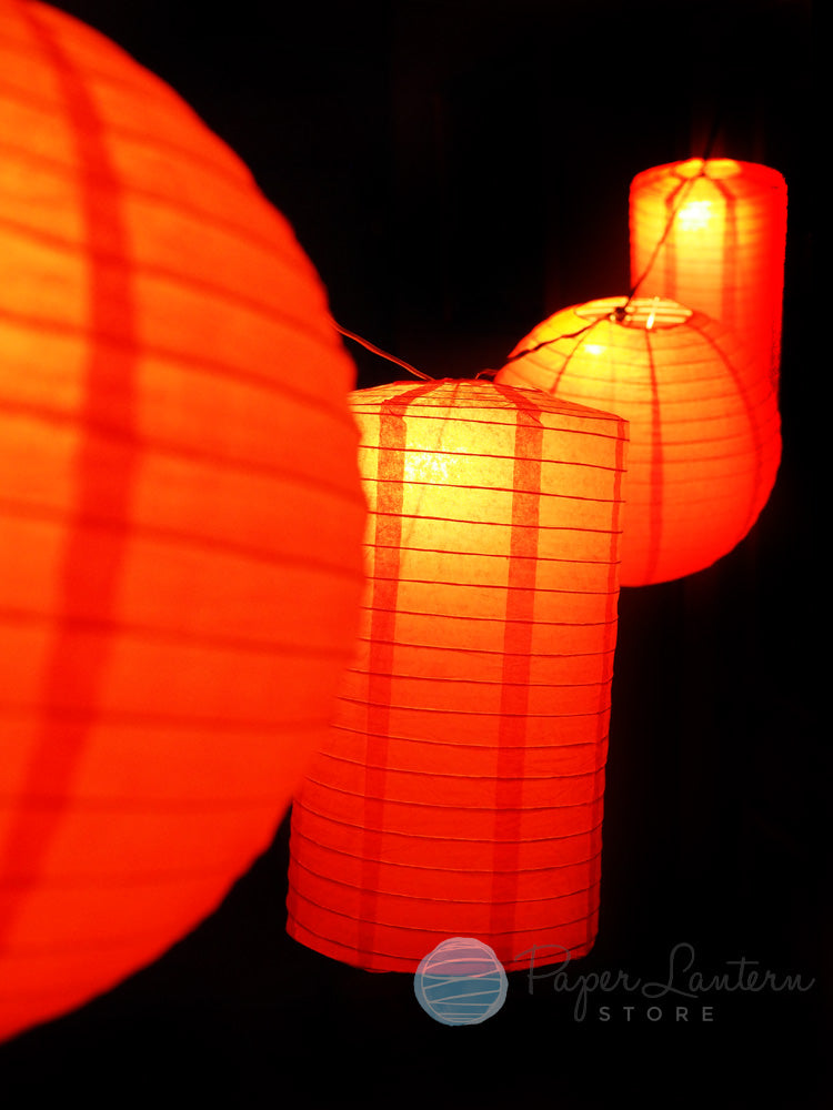 8&quot; Chinese New Year Round &amp; Cylinder Paper Lantern String Light COMBO Kit (12 FT, EXPANDABLE, Black Cord) - PaperLanternStore.com - Paper Lanterns, Decor, Party Lights &amp; More