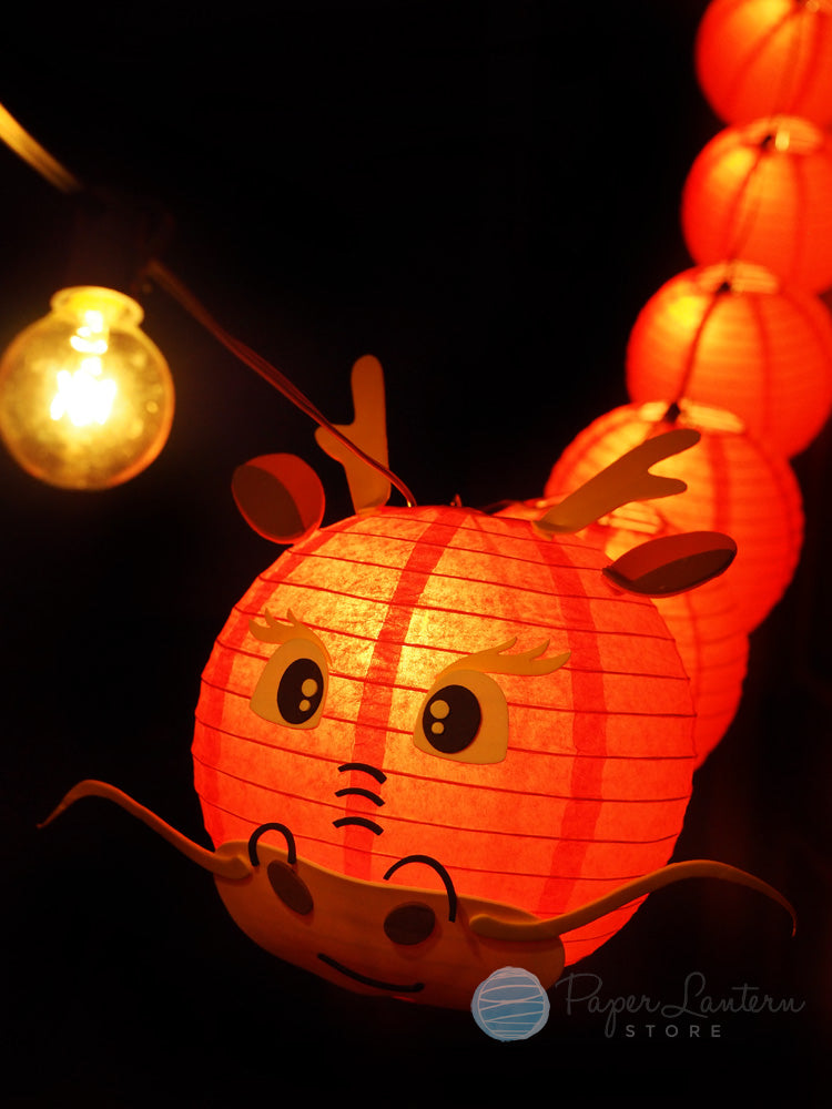 8&quot; Chinese New Year Red Dragon Paper Lantern String Light COMBO Kit (12 FT, EXPANDABLE, Black Cord) - PaperLanternStore.com - Paper Lanterns, Decor, Party Lights &amp; More