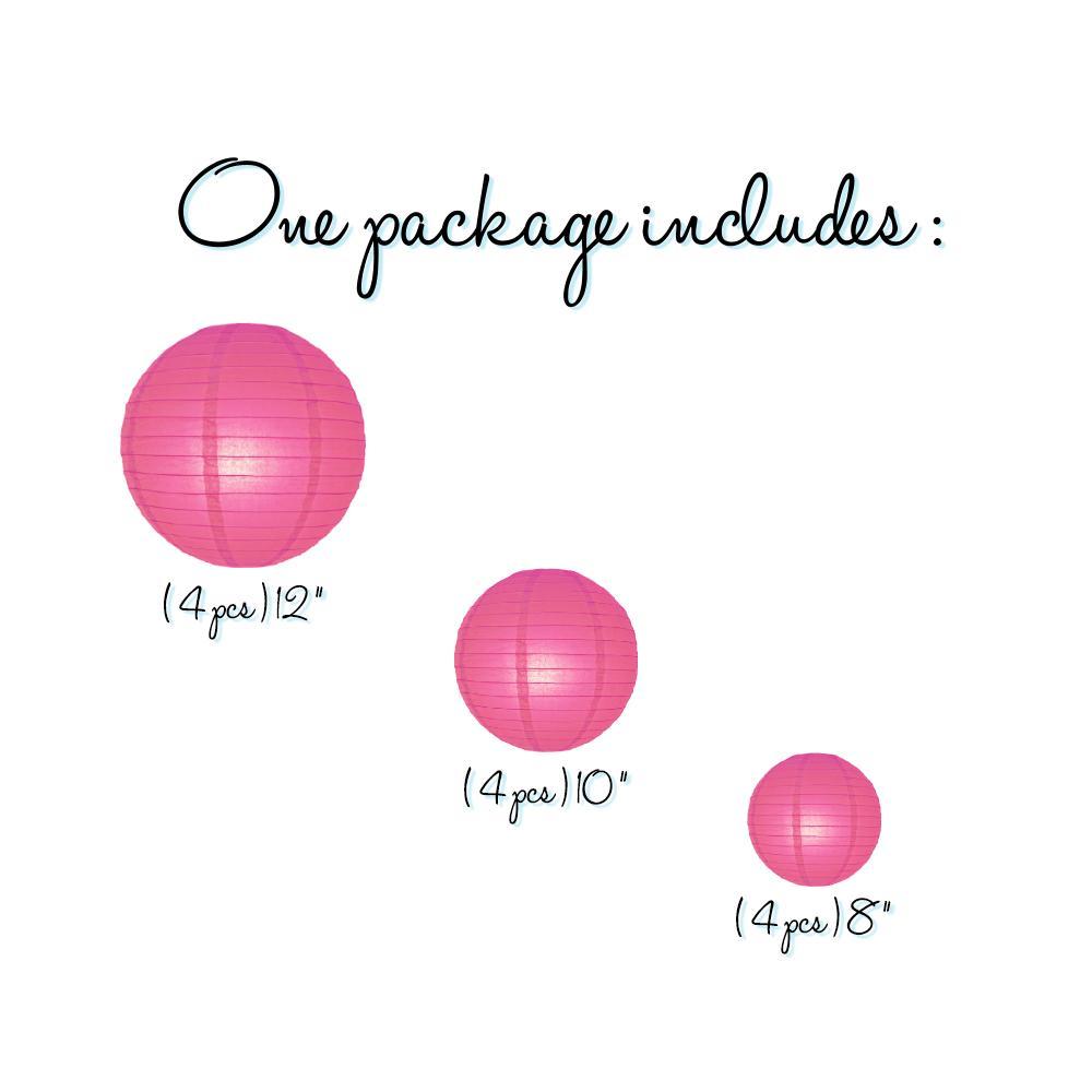 12-PC Fuchsia / Hot Pink Paper Lantern Chinese Hanging Wedding &amp; Party Assorted Decoration Set, 12/10/8-Inch - PaperLanternStore.com - Paper Lanterns, Decor, Party Lights &amp; More