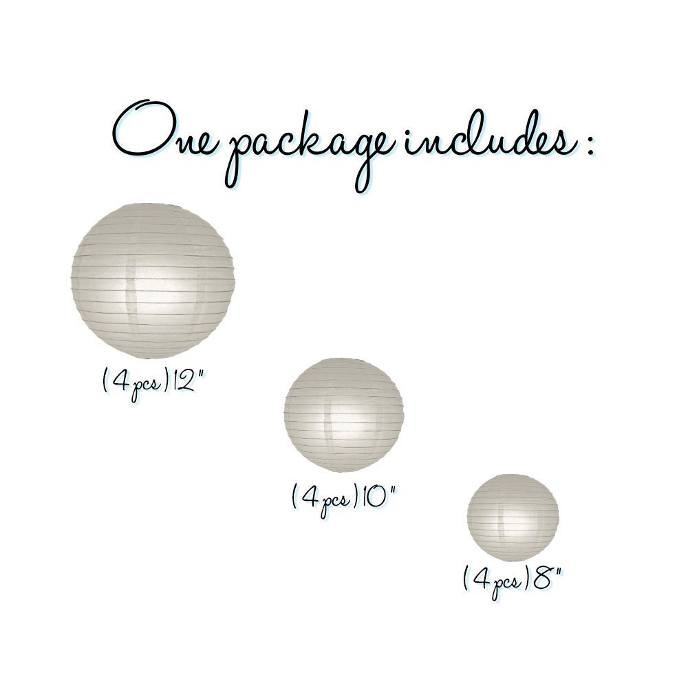 12-PC Gray / Grey Paper Lantern Chinese Hanging Wedding &amp; Party Assorted Decoration Set, 12/10/8-Inch - PaperLanternStore.com - Paper Lanterns, Decor, Party Lights &amp; More