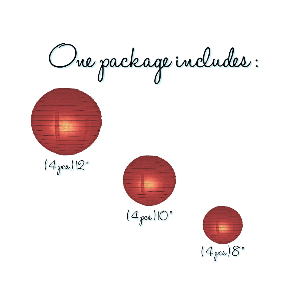 12-PC Marsala / Burgundy Wine Paper Lantern Chinese Hanging Wedding &amp; Party Assorted Decoration Set, 12/10/8-Inch - PaperLanternStore.com - Paper Lanterns, Decor, Party Lights &amp; More