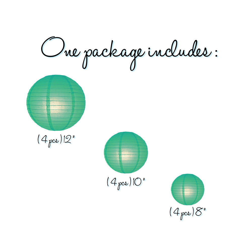 12-PC Teal Green Paper Lantern Chinese Hanging Wedding &amp; Party Assorted Decoration Set, 12/10/8-Inch - PaperLanternStore.com - Paper Lanterns, Decor, Party Lights &amp; More