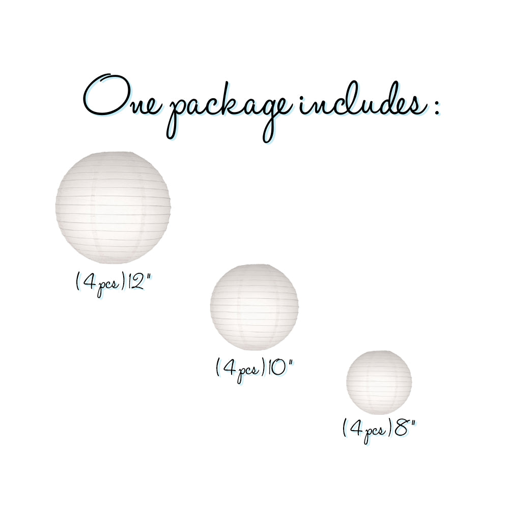 12-PC White Paper Lantern Chinese Hanging Wedding &amp; Party Assorted Decoration Set, 12/10/8-Inch - PaperLanternStore.com - Paper Lanterns, Decor, Party Lights &amp; More