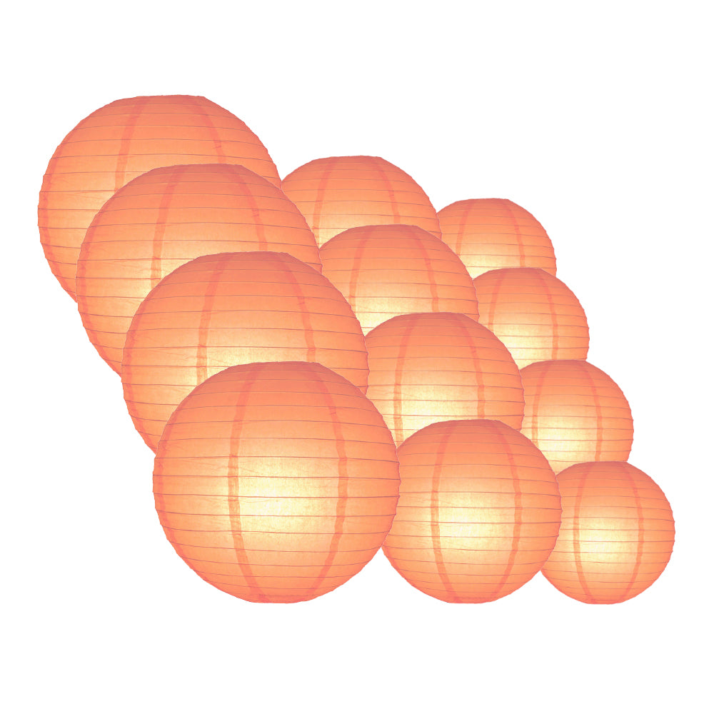 12-PC Peach / Orange Coral Paper Lantern Chinese Hanging Wedding &amp; Party Assorted Decoration Set, 12/10/8-Inch - PaperLanternStore.com - Paper Lanterns, Decor, Party Lights &amp; More