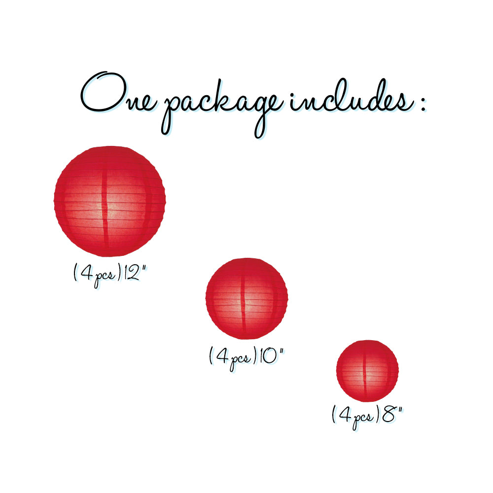 12-PC Red Paper Lantern Chinese Hanging Wedding &amp; Party Assorted Decoration Set, 12/10/8-Inch - PaperLanternStore.com - Paper Lanterns, Decor, Party Lights &amp; More