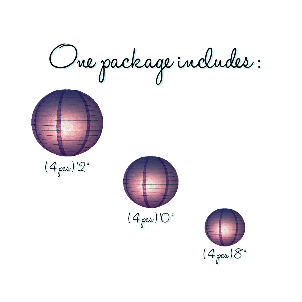 12-PC Royal Purple Paper Lantern Chinese Hanging Wedding &amp; Party Assorted Decoration Set, 12/10/8-Inch - PaperLanternStore.com - Paper Lanterns, Decor, Party Lights &amp; More