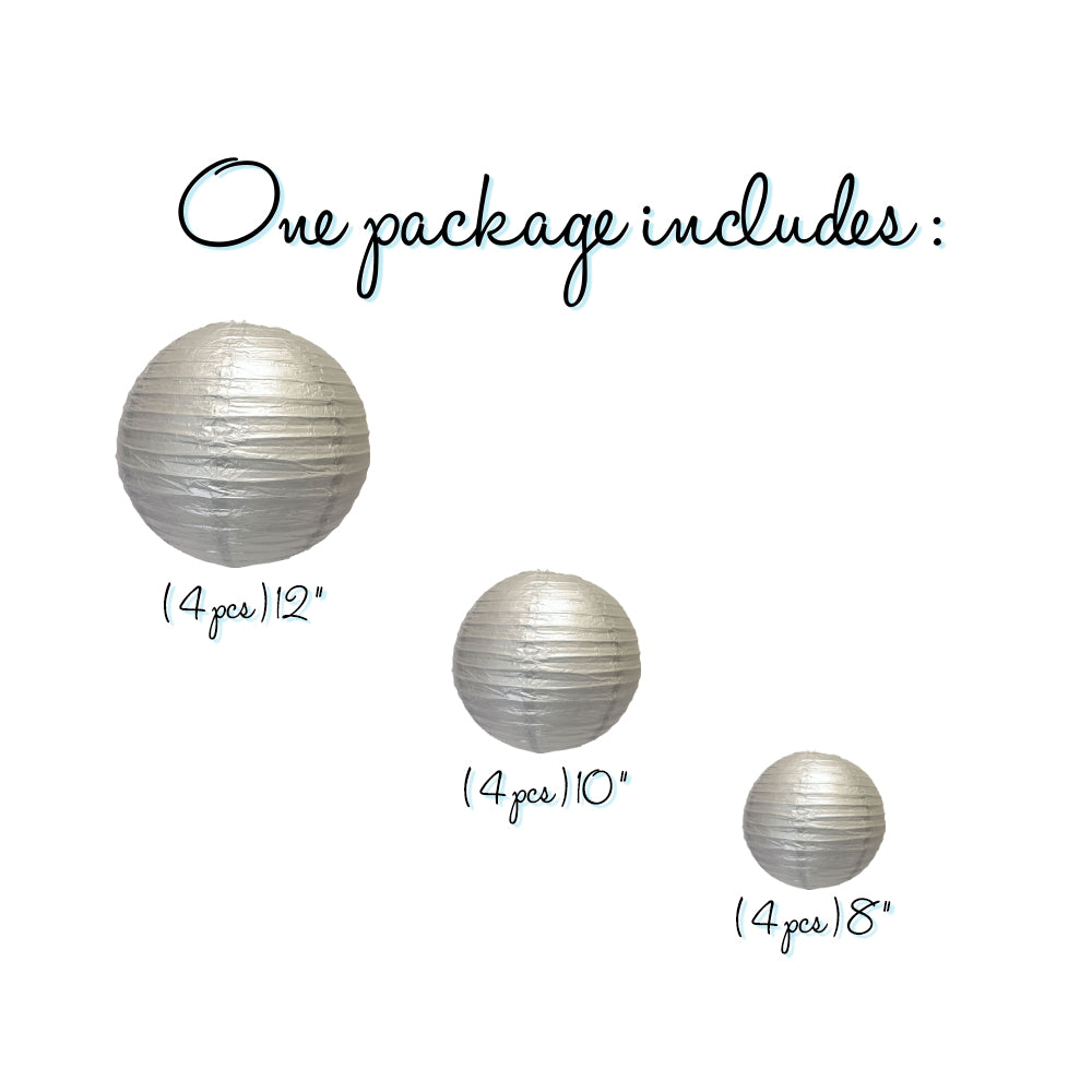 12-PC Silver Paper Lantern Chinese Hanging Wedding &amp; Party Assorted Decoration Set, 12/10/8-Inch - PaperLanternStore.com - Paper Lanterns, Decor, Party Lights &amp; More