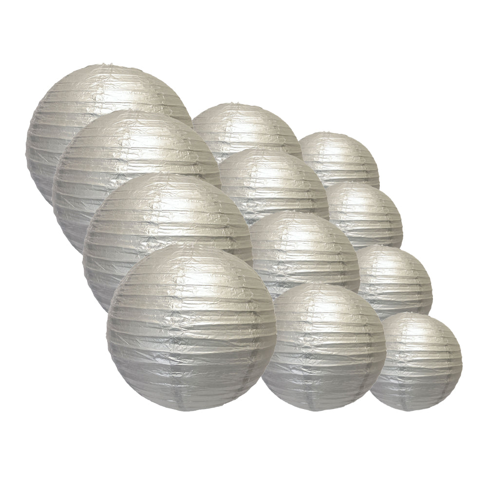 12-PC Silver Paper Lantern Chinese Hanging Wedding &amp; Party Assorted Decoration Set, 12/10/8-Inch - PaperLanternStore.com - Paper Lanterns, Decor, Party Lights &amp; More