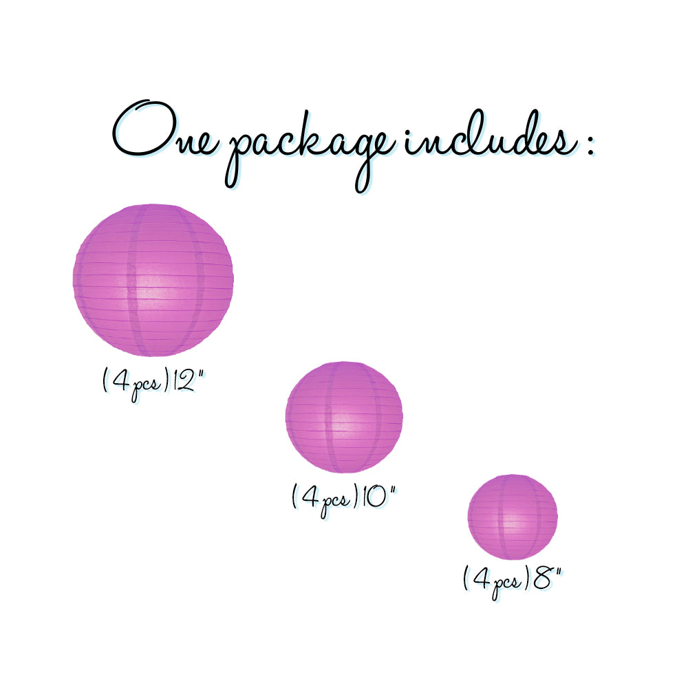 12-PC Violet / Orchid Paper Lantern Chinese Hanging Wedding &amp; Party Assorted Decoration Set, 12/10/8-Inch - PaperLanternStore.com - Paper Lanterns, Decor, Party Lights &amp; More