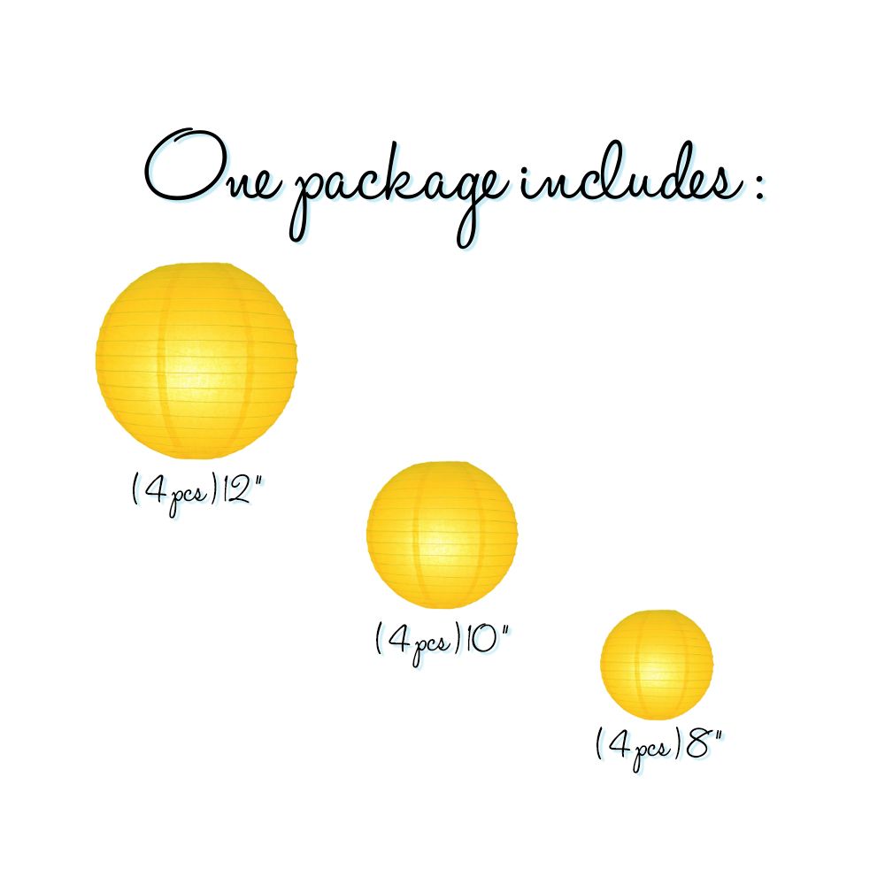 12-PC Yellow Paper Lantern Chinese Hanging Wedding &amp; Party Assorted Decoration Set, 12/10/8-Inch - PaperLanternStore.com - Paper Lanterns, Decor, Party Lights &amp; More
