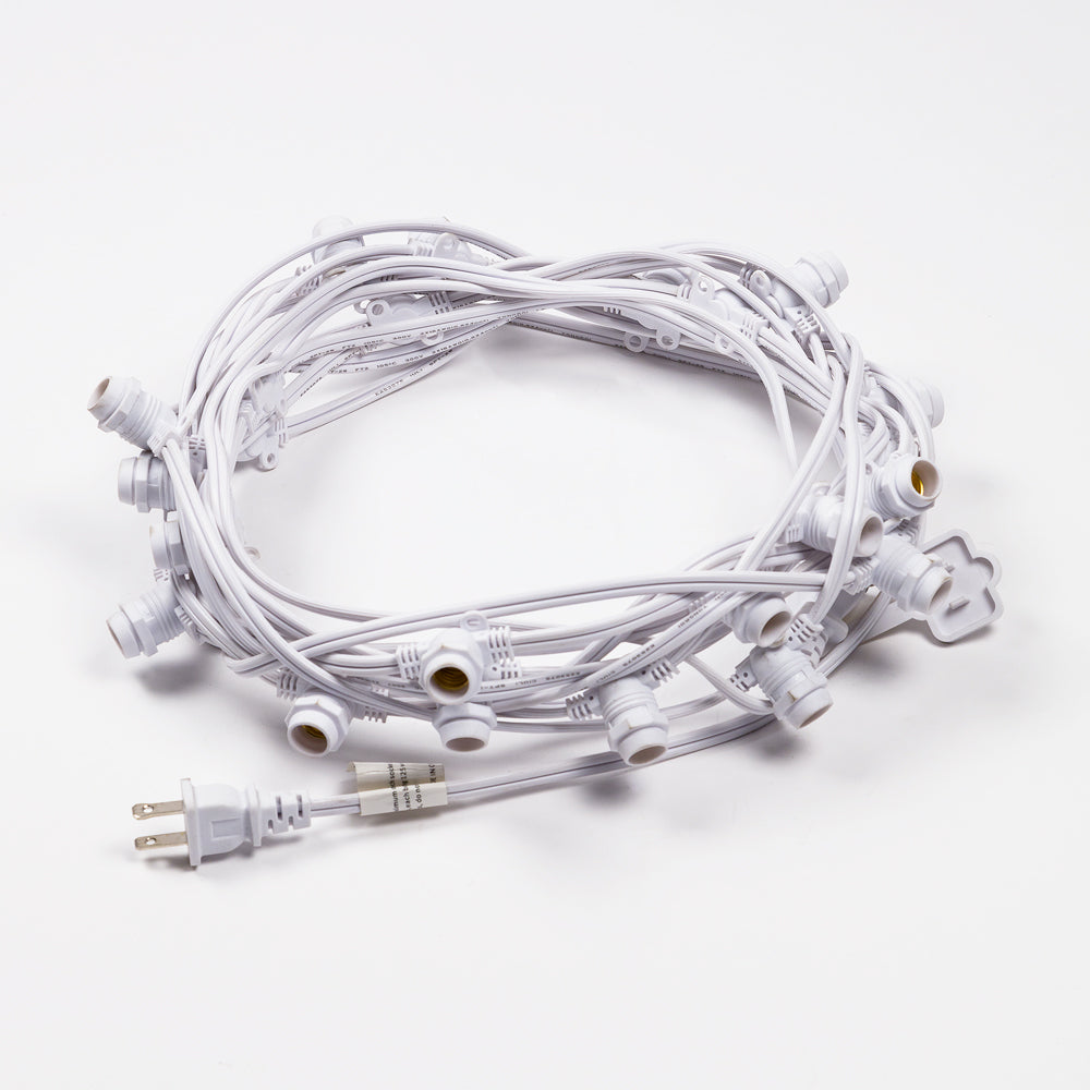 (Cord Only) 25 Socket Outdoor Commercial DIY String Light 29 FT White Cord w/ E12 C7 Base, Weatherproof - PaperLanternStore.com - Paper Lanterns, Decor, Party Lights &amp; More