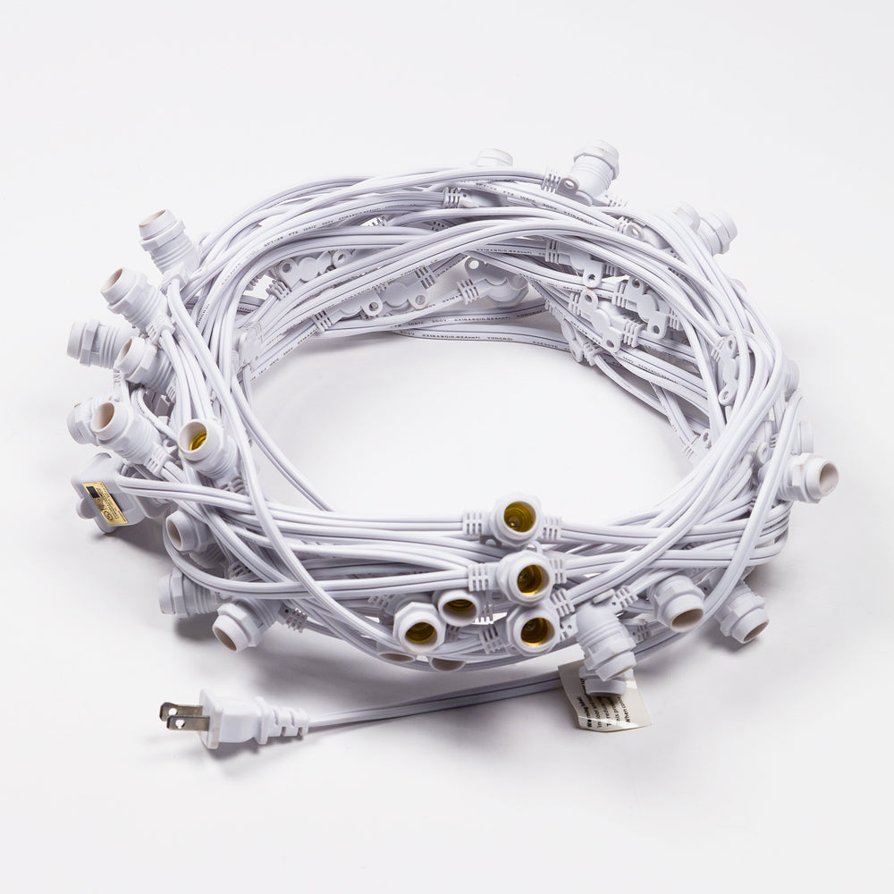 (Cord Only) 50 Socket Outdoor Commercial DIY String Light 54 FT White Cord w/ E12 C7 Base, Weatherproof - PaperLanternStore.com - Paper Lanterns, Decor, Party Lights &amp; More