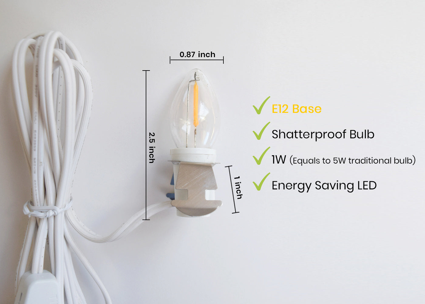 Accessory Lamp Cord for Craft Hobby Christmas Ceramic Village Houses, Salt Lamps, Table Lanterns w/ E12 Base, Shatterproof Light Bulb, Switch, 6 Ft