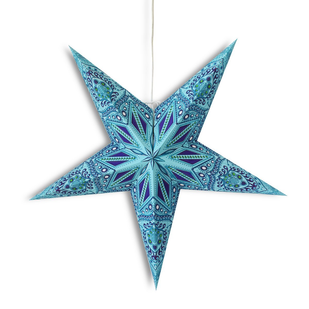 3-PACK + Cord | 24&quot; Turquoise Crystal Glitter Paper Star Lantern and Lamp Cord Hanging Decoration - PaperLanternStore.com - Paper Lanterns, Decor, Party Lights &amp; More