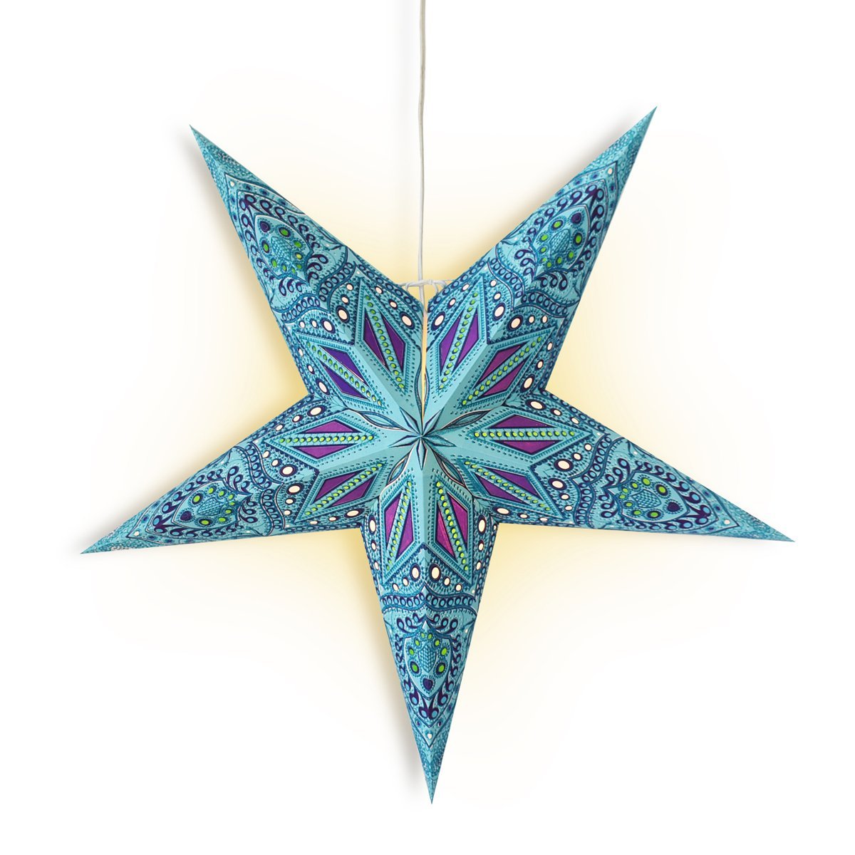 3-PACK + Cord | 24&quot; Turquoise Crystal Glitter Paper Star Lantern and Lamp Cord Hanging Decoration - PaperLanternStore.com - Paper Lanterns, Decor, Party Lights &amp; More