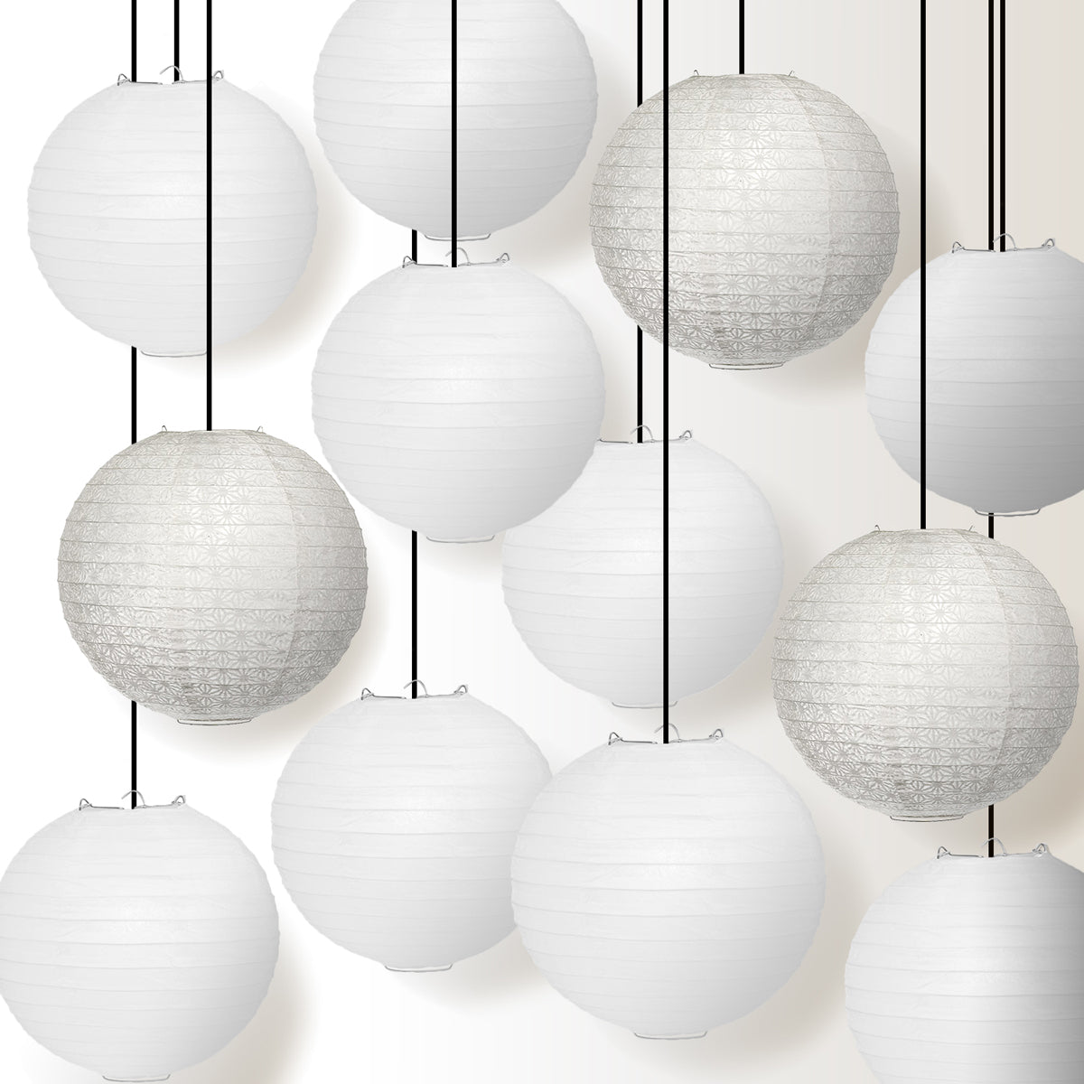 Premium 12-Piece White Daisy Pattern Paper Lantern Party Pack Set - PaperLanternStore.com - Paper Lanterns, Decor, Party Lights & More