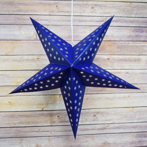 3-PACK + Cord | Dark Blue Starry Night 24&quot; Illuminated Paper Star Lanterns and Lamp Cord Hanging Decorations - PaperLanternStore.com - Paper Lanterns, Decor, Party Lights &amp; More