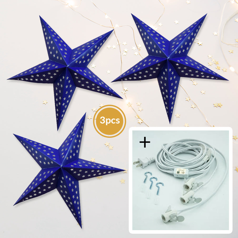 3-PACK + Cord | Dark Blue Starry Night 24&quot; Illuminated Paper Star Lanterns and Lamp Cord Hanging Decorations - PaperLanternStore.com - Paper Lanterns, Decor, Party Lights &amp; More